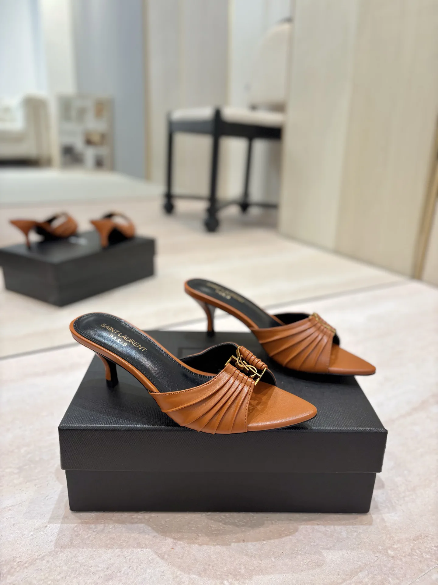Ruched Pointed Toe Kitten Heel Mules with Gold Metal Buckle image 1