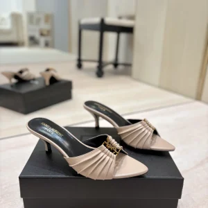 Ruched Pointed Toe Mid Heel Mules with Gold Metal Buckle image 1