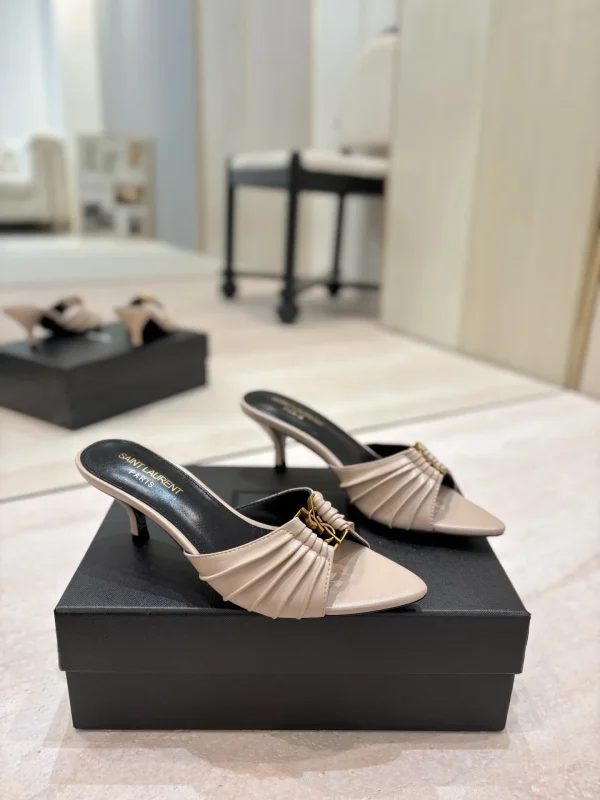 Ruched Pointed Toe Mid Heel Mules with Gold Metal Buckle image 1