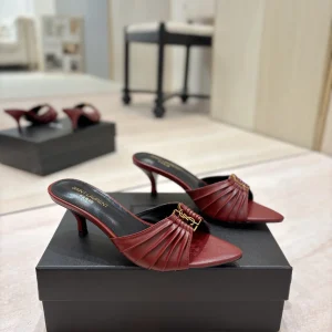 Ruched Pointed Toe Kitten Heel Mules with Gold Metal Buckle image 1
