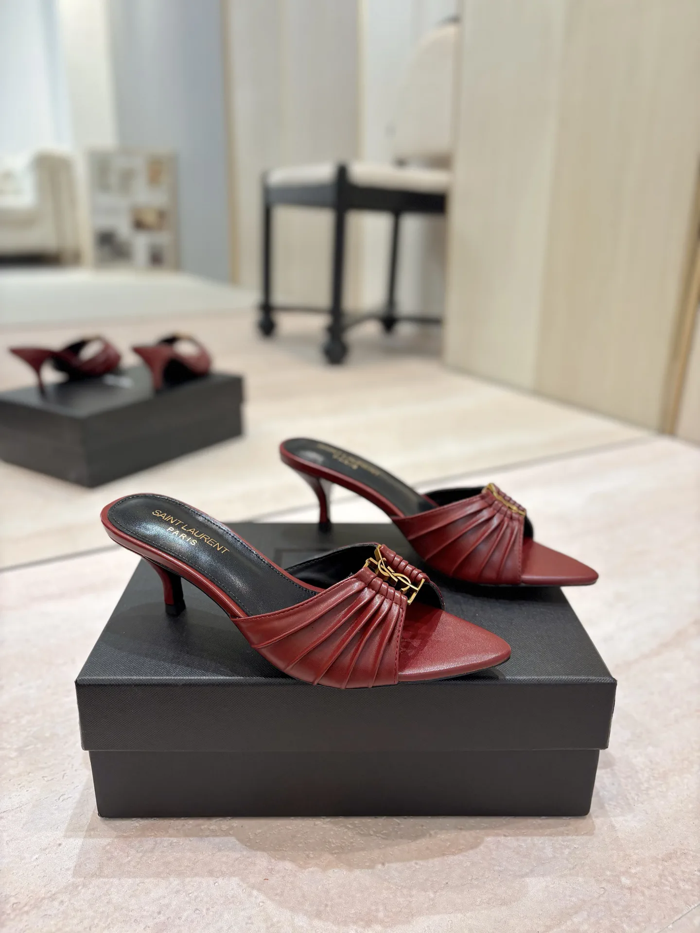 Ruched Pointed Toe Kitten Heel Mules with Gold Metal Buckle image 1