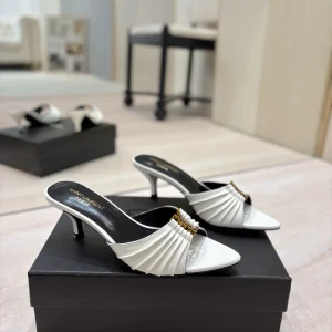 Ruched Pointed Toe Mid-Heel Mules with Gold Metal Buckle image 1