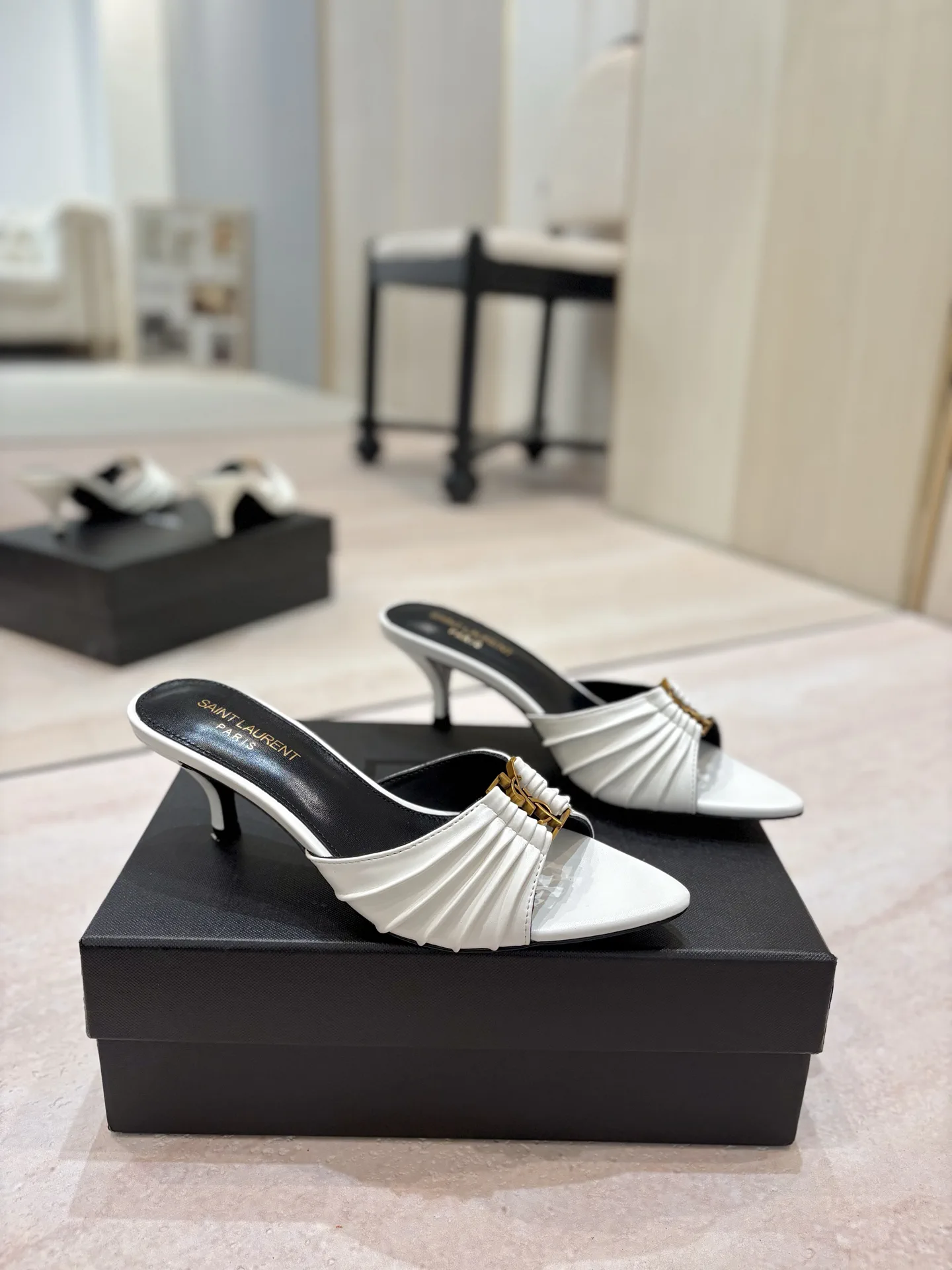 Ruched Pointed Toe Mid-Heel Mules with Gold Metal Buckle image 1