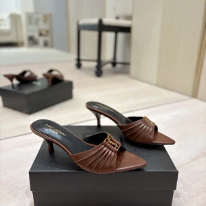 Ruched Pointed Toe Mid-Heel Mules with Gold Metal Buckle image 1