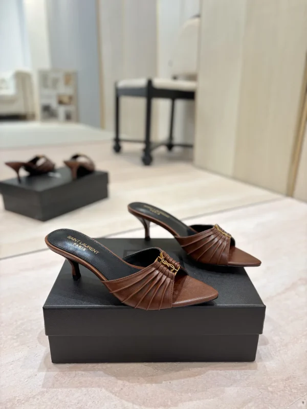 Ruched Pointed Toe Mid-Heel Mules with Gold Metal Buckle image 1