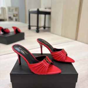 Ruched Pointed Toe High Heel Mules with Gold Metal Buckle image 1
