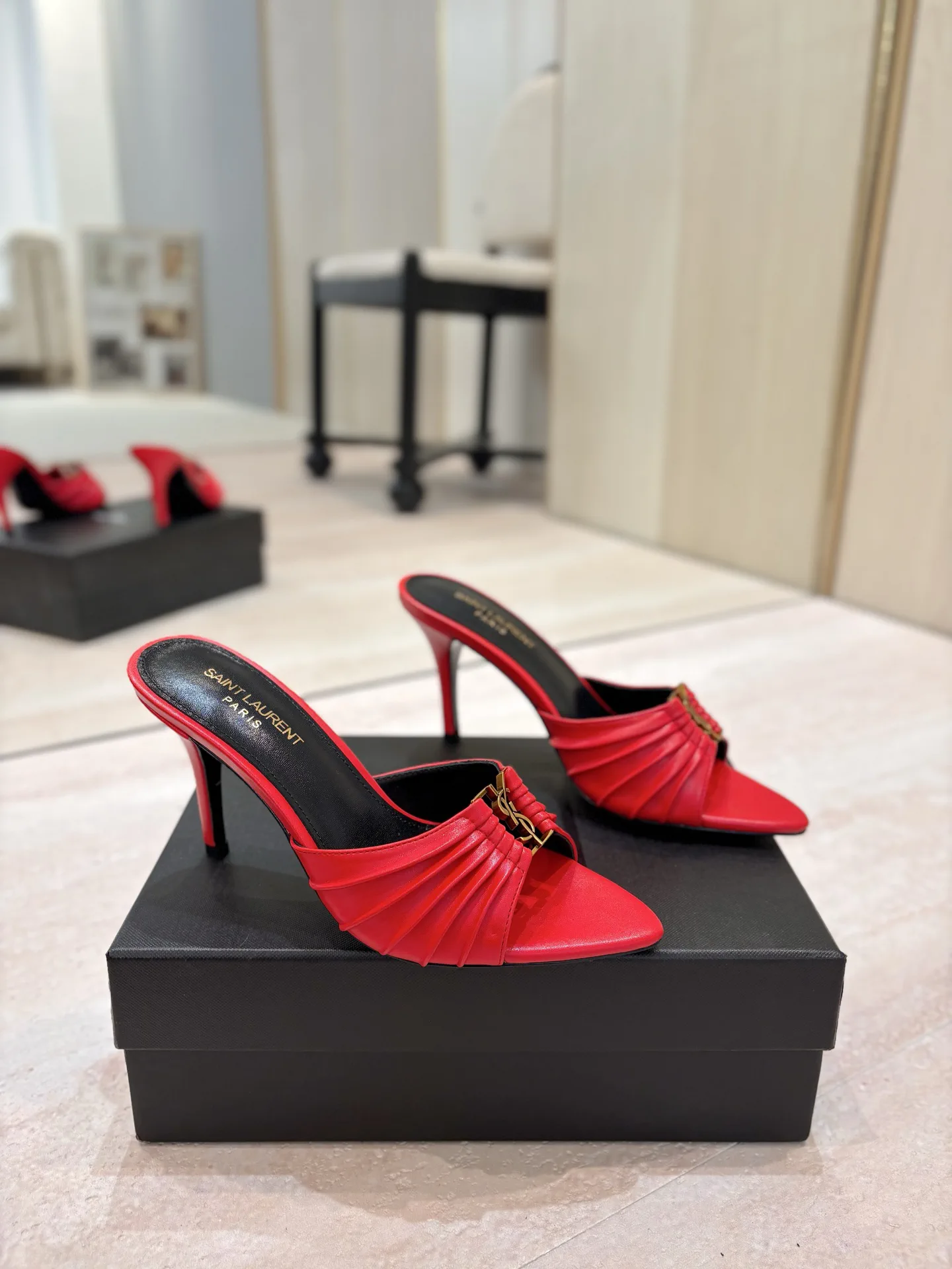 Ruched Pointed Toe High Heel Mules with Gold Metal Buckle image 1