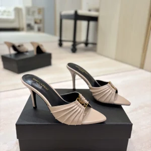 Ruched Pointed Toe High Heel Mules with Gold Metal Buckle image 1