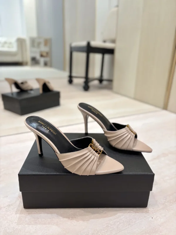Ruched Pointed Toe High Heel Mules with Gold Metal Buckle image 1
