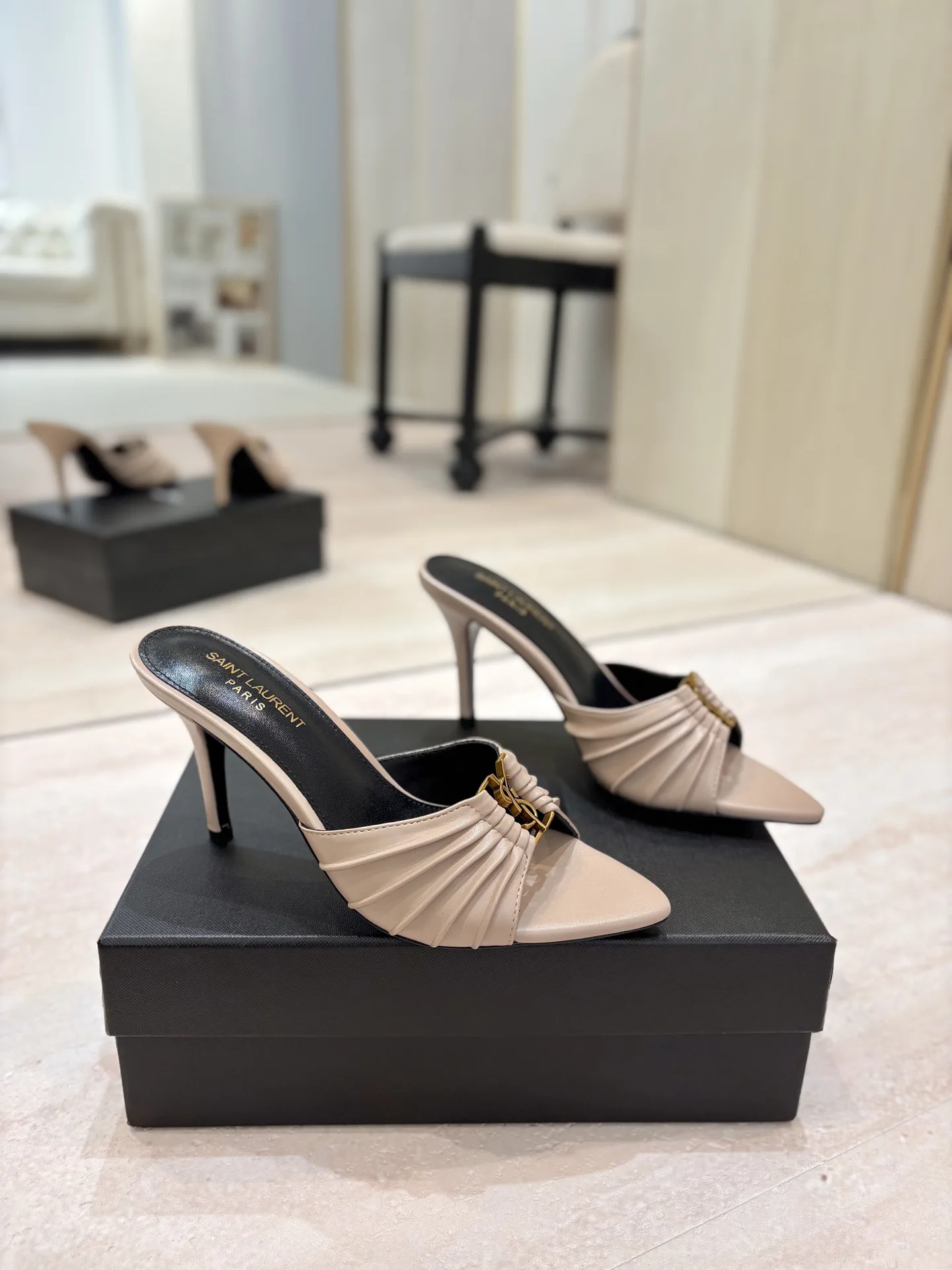 Ruched Pointed Toe High Heel Mules with Gold Metal Buckle image 1