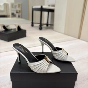 Ruched Pointed Toe Mule Heels with Gold Metal Buckle image 1