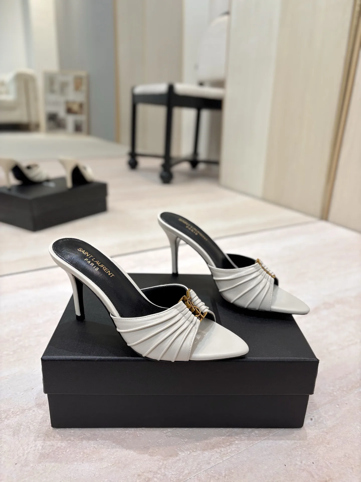 Ruched Pointed Toe Mule Heels with Gold Metal Buckle image 1