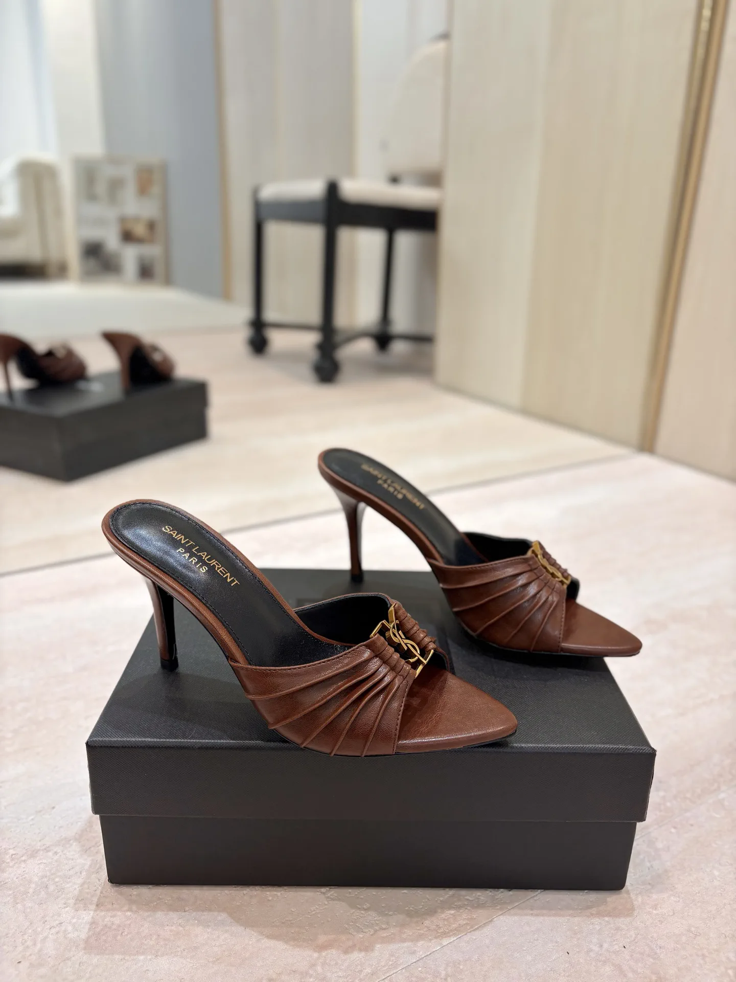 Saint Laurent Ruched Pointed Toe Mid-Heel Mules image 1