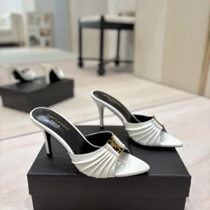 Ruched Pointed Toe Stiletto Mules with Gold Metal Buckle image 1