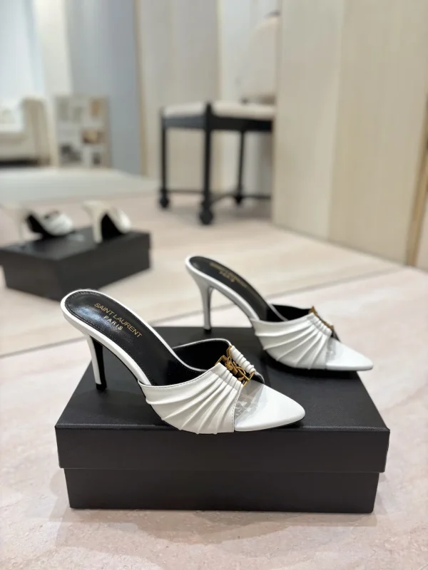 Ruched Pointed Toe Stiletto Mules with Gold Metal Buckle image 1