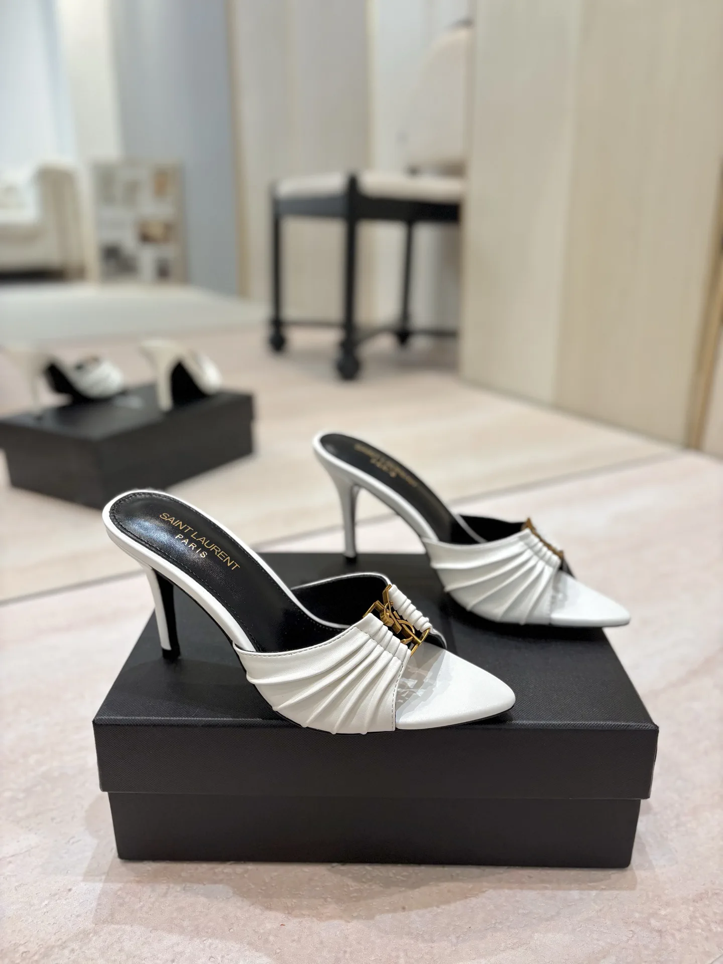 Ruched Pointed Toe Stiletto Mules with Gold Metal Buckle image 1