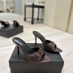 Ruched Pointed Toe High Heel Mules with Gold Metal Buckle image 1