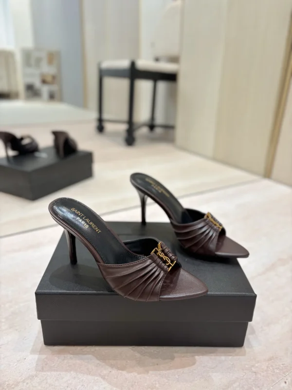 Ruched Pointed Toe High Heel Mules with Gold Metal Buckle image 1