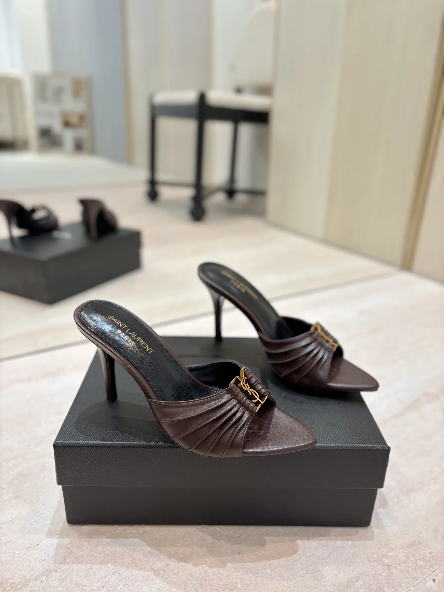 Ruched Pointed Toe High Heel Mules with Gold Metal Buckle image 1