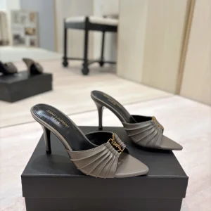 Ruched Pointed Toe Mule Heels with Gold Metal Buckle image 1