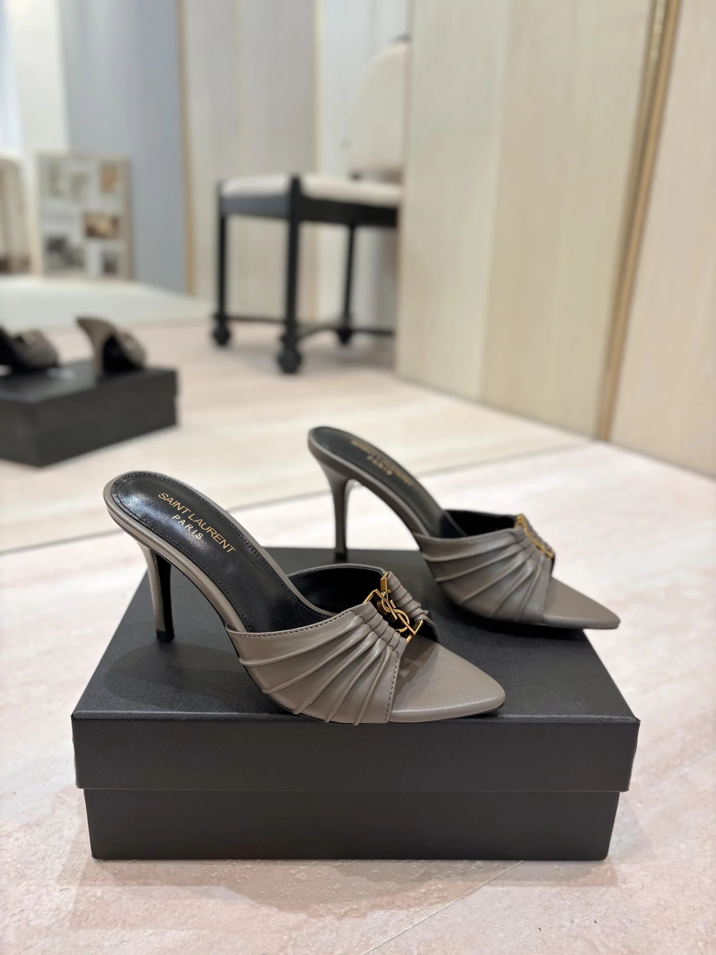 Ruched Pointed Toe Mule Heels with Gold Metal Buckle image 1