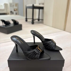 Ruched Pointed Toe High Heel Mules with Gold Metal Buckle image 1