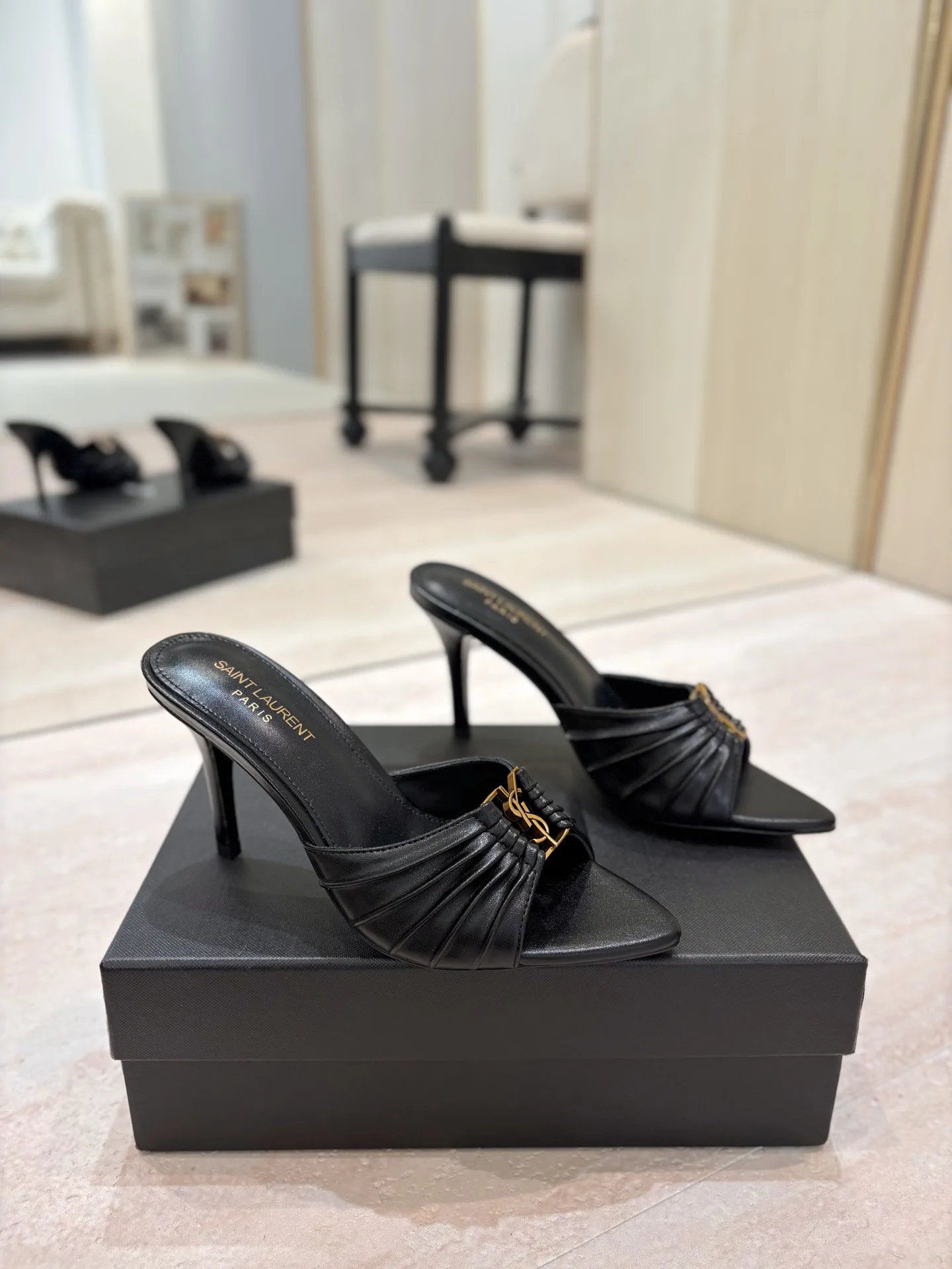 Ruched Pointed Toe High Heel Mules with Gold Metal Buckle image 1