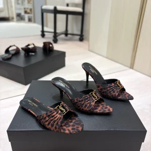 Yves Saint Laurent Leopard Print Ruched Mule Sandals with Gold Buckle image 1