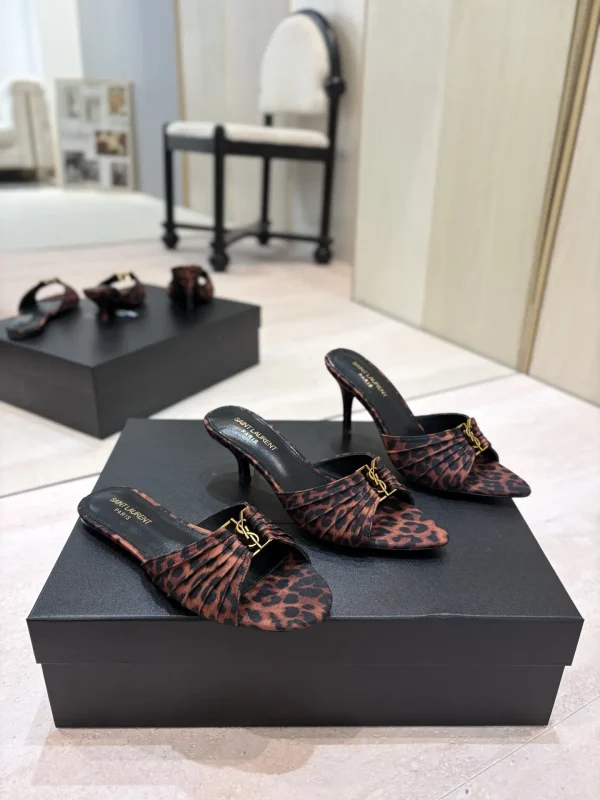 Yves Saint Laurent Leopard Print Ruched Mule Sandals with Gold Buckle image 1