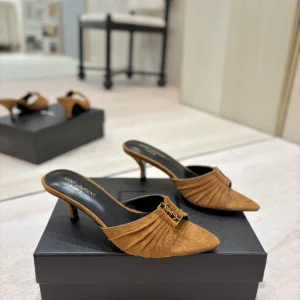 Ruched Pointed Toe Kitten Heel Mules with Gold Metal Buckle image 1