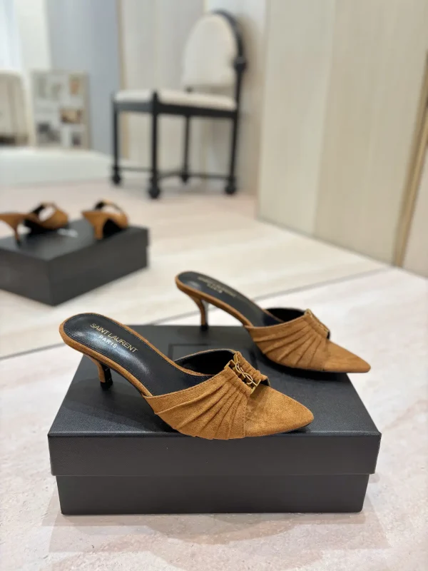 Ruched Pointed Toe Kitten Heel Mules with Gold Metal Buckle image 1