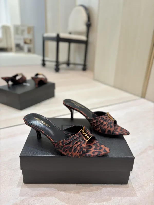 Leopard Print Ruched Pointed Toe Mid-Heel Mules image 1