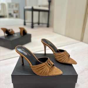 Ruched Pointed Toe Mid-Heel Mules with Gold Metal Buckle image 1