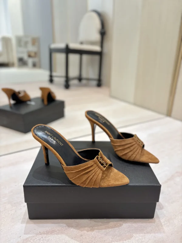 Ruched Pointed Toe Mid-Heel Mules with Gold Metal Buckle image 1