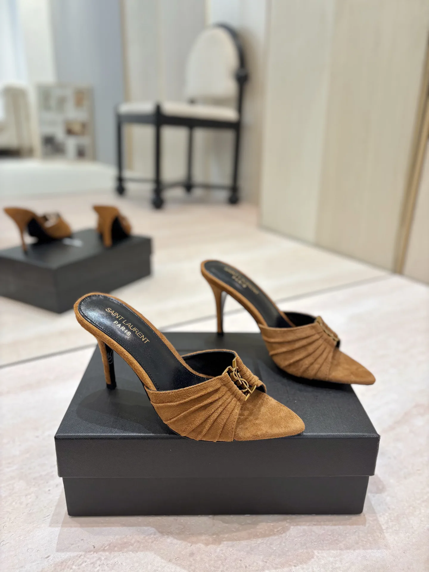 Ruched Pointed Toe Mid-Heel Mules with Gold Metal Buckle image 1