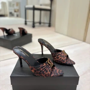 Leopard Print Ruched Pointed Toe High Heel Mules with Gold Buckle image 1