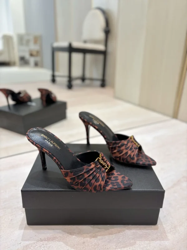 Leopard Print Ruched Pointed Toe High Heel Mules with Gold Buckle image 1