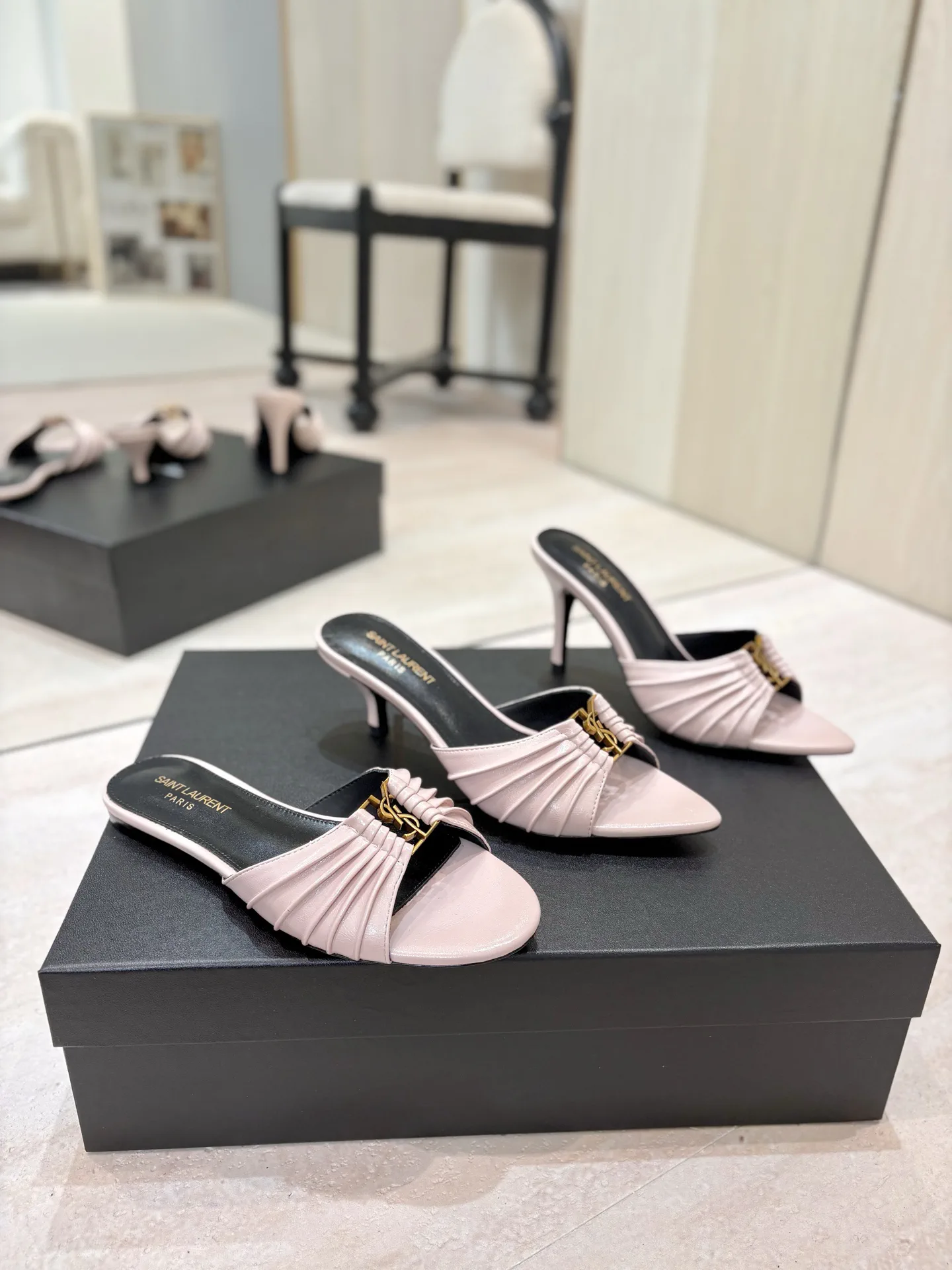 Ruched Pointed Toe Mule Sandals with Gold Metal Buckle image 1