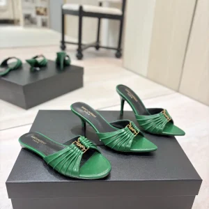 Ruched Leather Mules with Gold Metal Buckle image 1