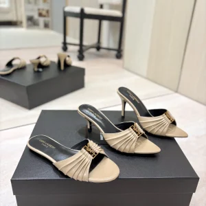Ruched Pointed Toe Mules with Gold Metal Buckle image 1
