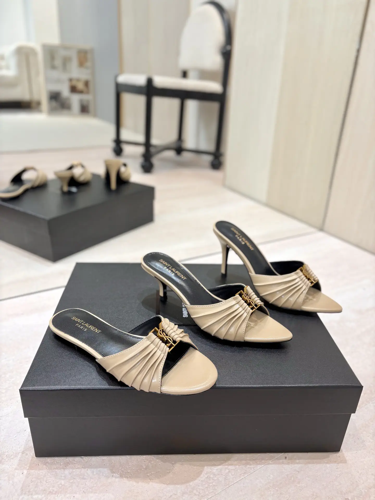Ruched Pointed Toe Mules with Gold Metal Buckle image 1