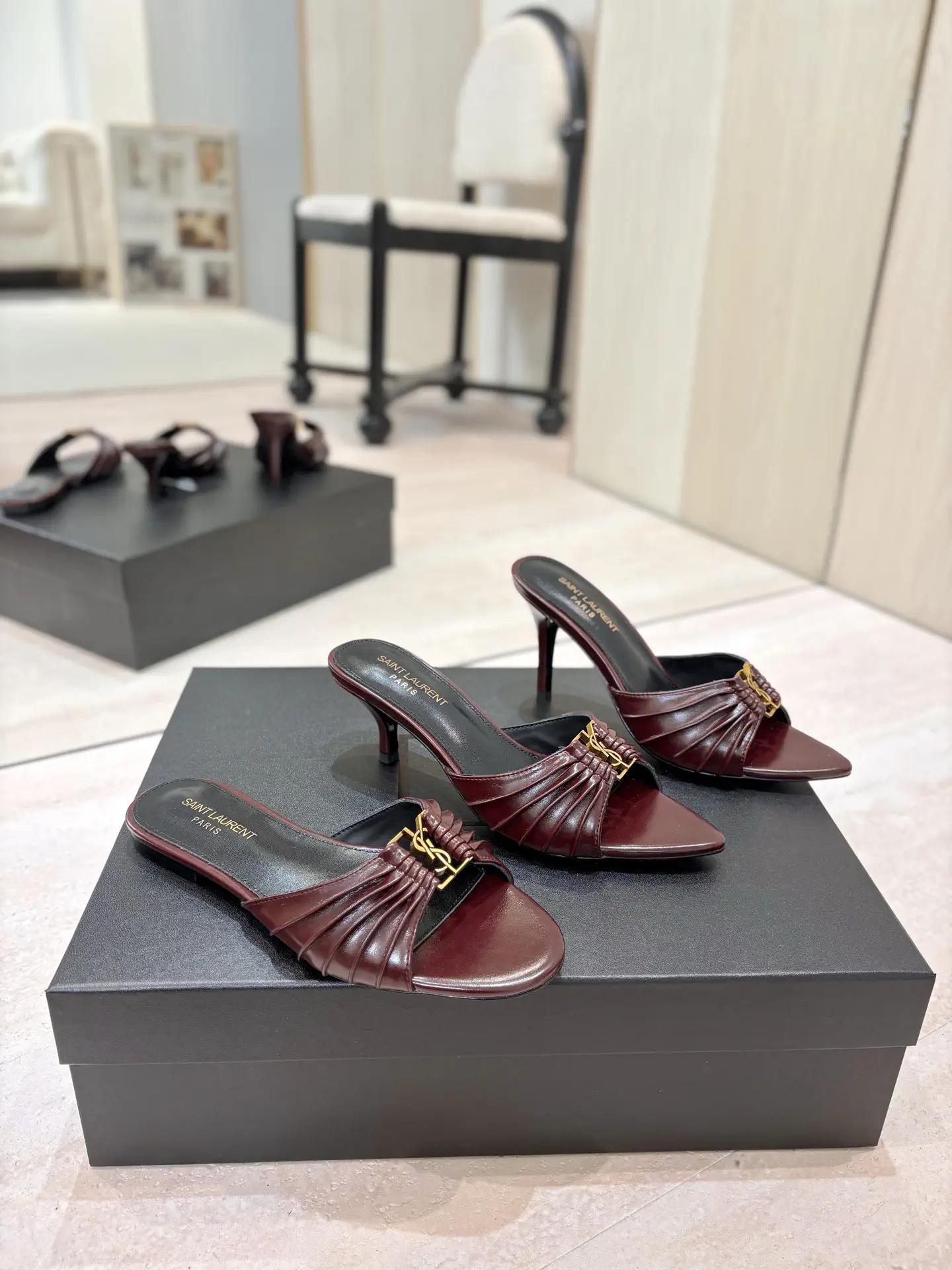 Ruched Leather Mules with Gold Metal Buckle image 1