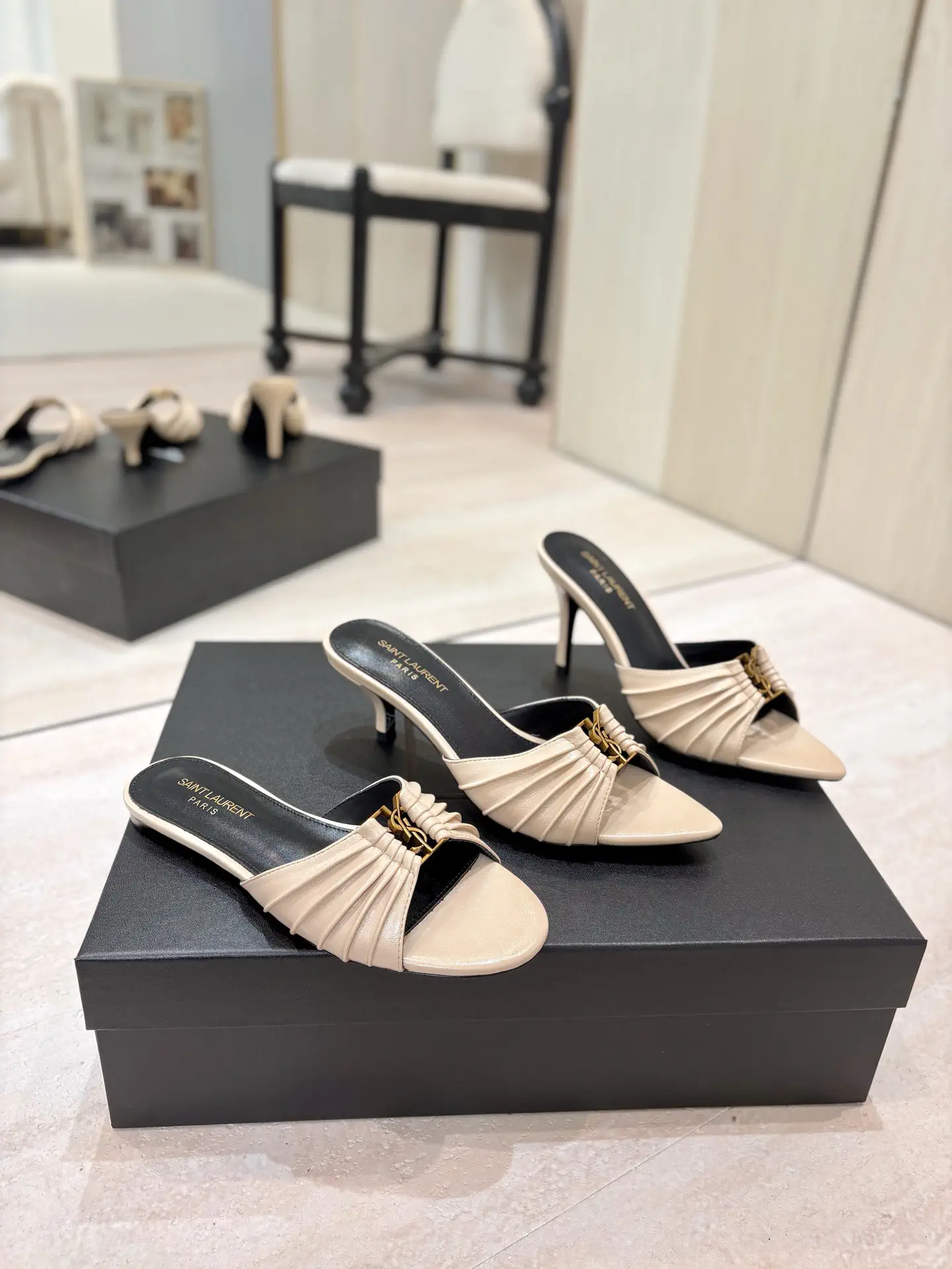 Ruched Pointed Toe Mid-Heel Slide Sandals with Gold Metal Buckle image 1
