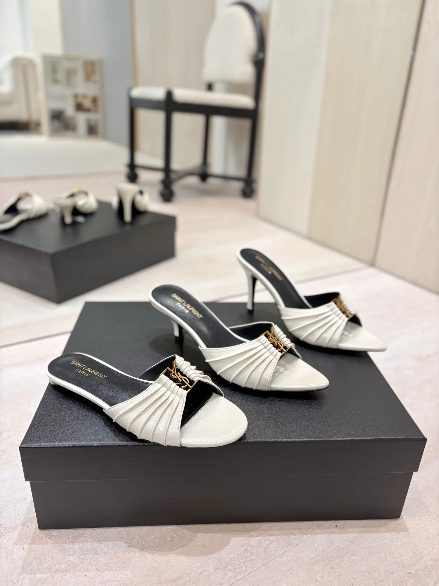 Ruched Pointed Toe Mid-Heel Slide Sandals with Gold Metal Buckle image 1