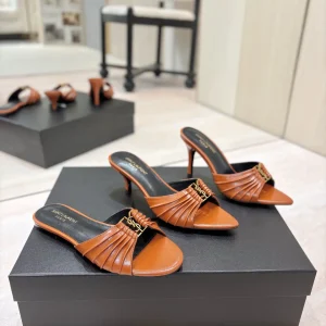 Ruched Leather Mules with Gold Metal Buckle image 1