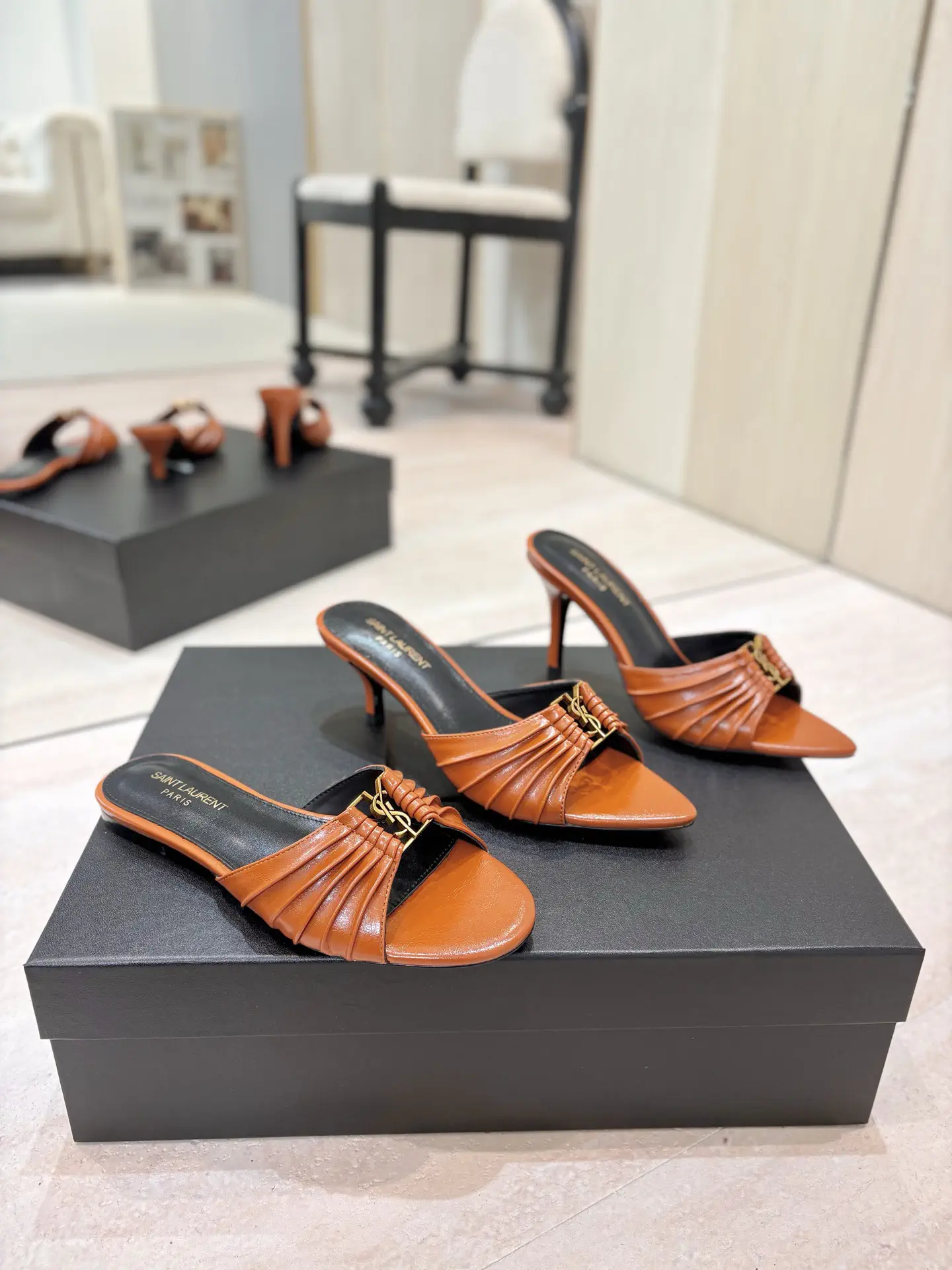 Ruched Leather Mules with Gold Metal Buckle image 1