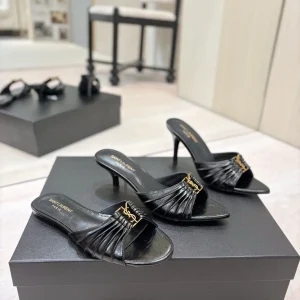 Ruched Leather Mules with Gold Metal Buckle image 1