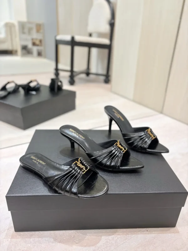 Ruched Leather Mules with Gold Metal Buckle image 1