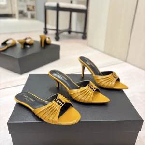 Ruched Pointed Toe Mid-Heel Slide Sandals with Gold Metal Buckle image 1