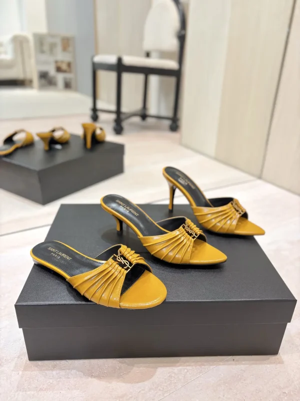 Ruched Pointed Toe Mid-Heel Slide Sandals with Gold Metal Buckle image 1